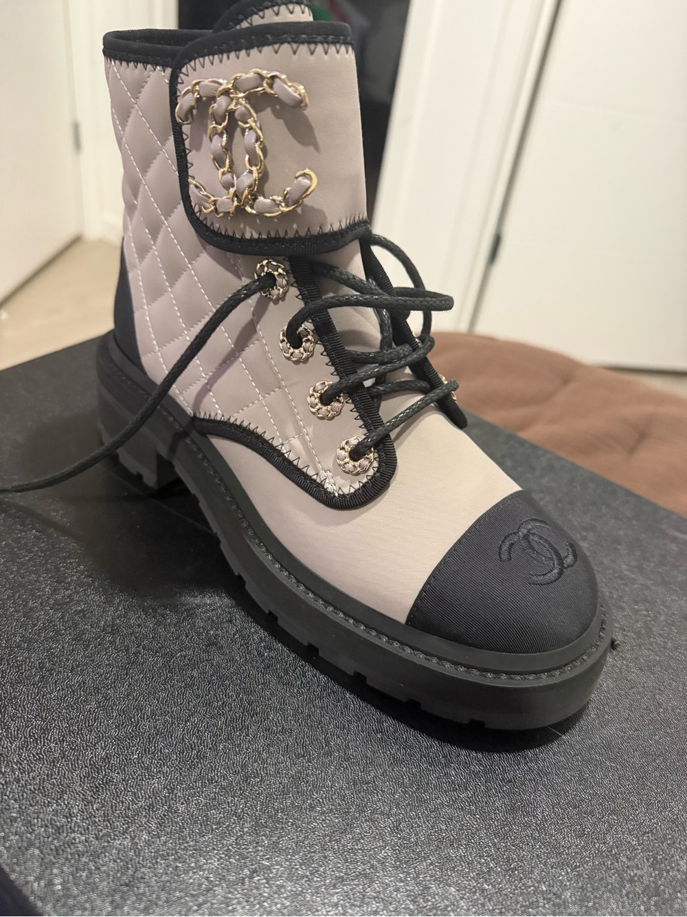 Chanel Two-Tone Quilted Lace-Up Ankle Boot in Grey and Black